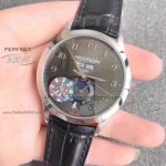Perfect Replica Patek Philippe Moonphase Grey Dial Black Leather Band Watch